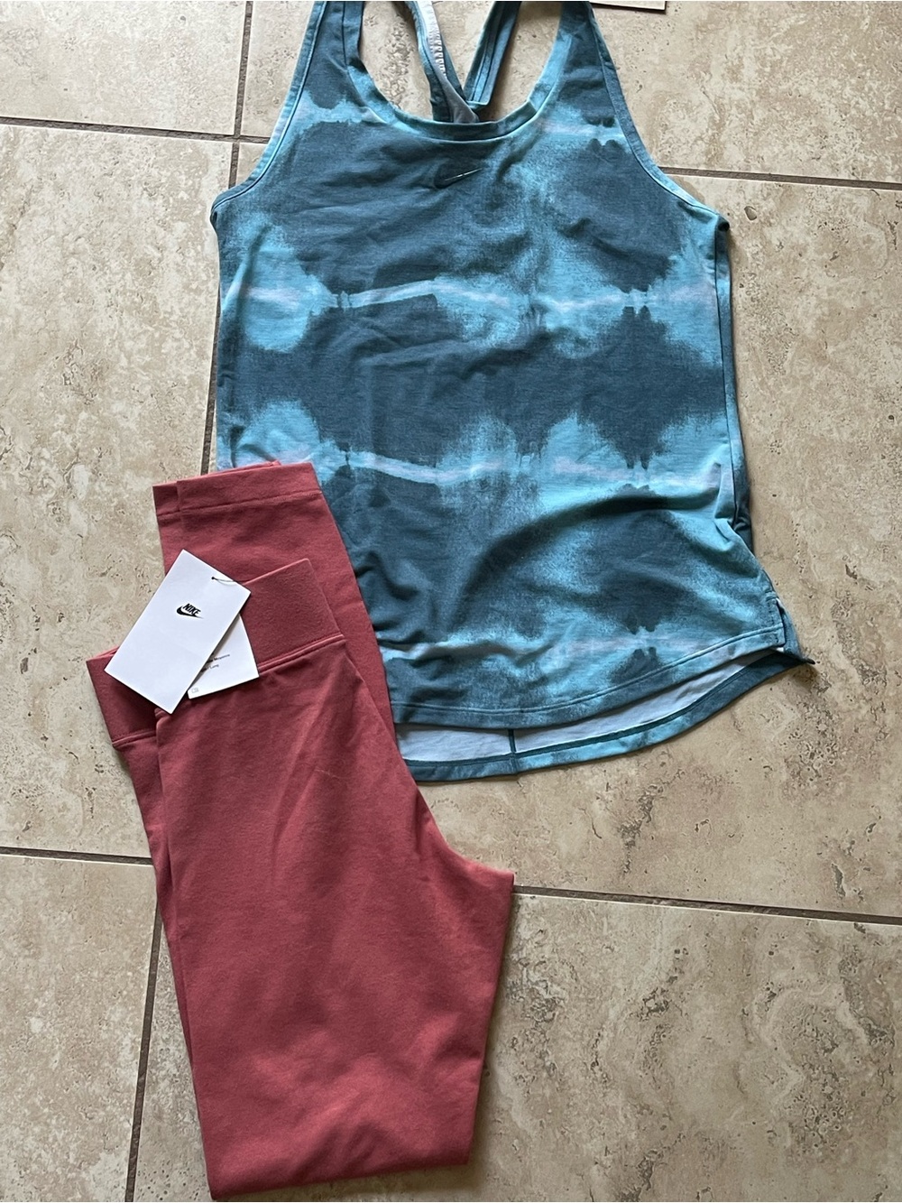 NIKE Blue Tie-Dye Racerback Tank with Dusty Rose Leggings